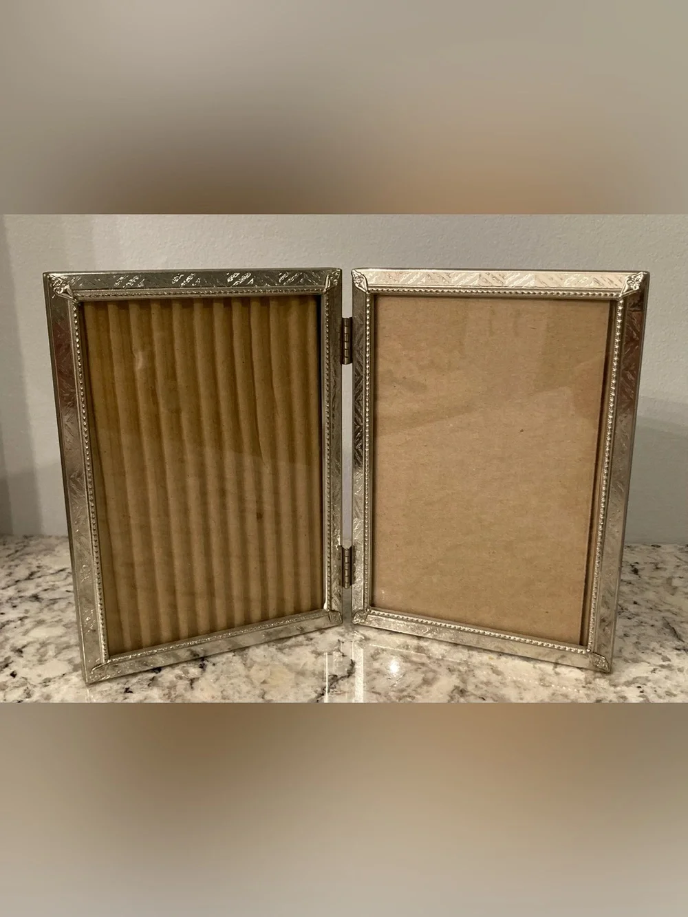 Vintage MCM Ornate Bi-fold Silver Tone Picture Frame